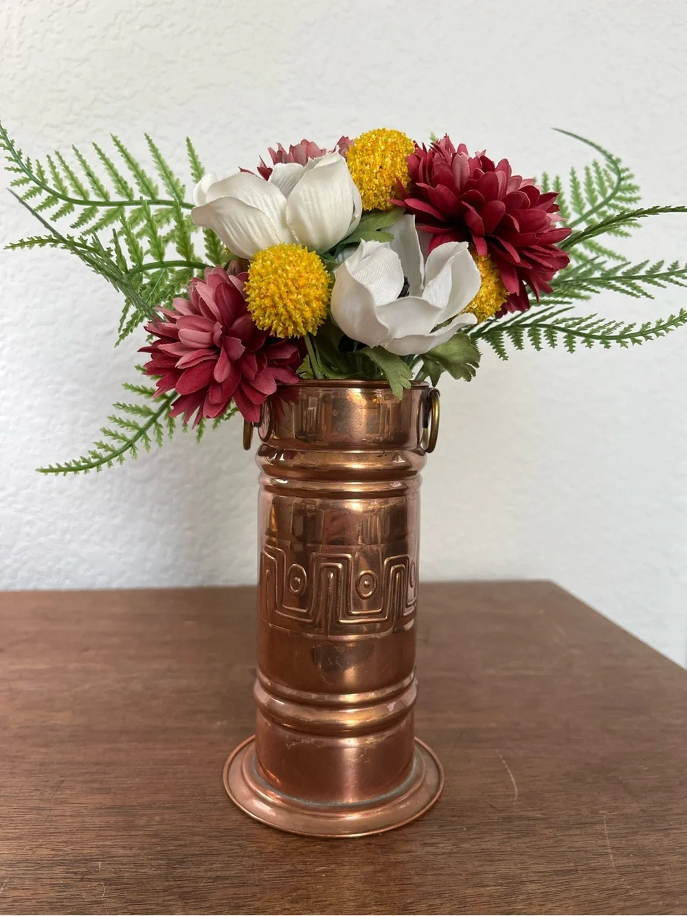 Vintage French hammered copper vase with brass handles